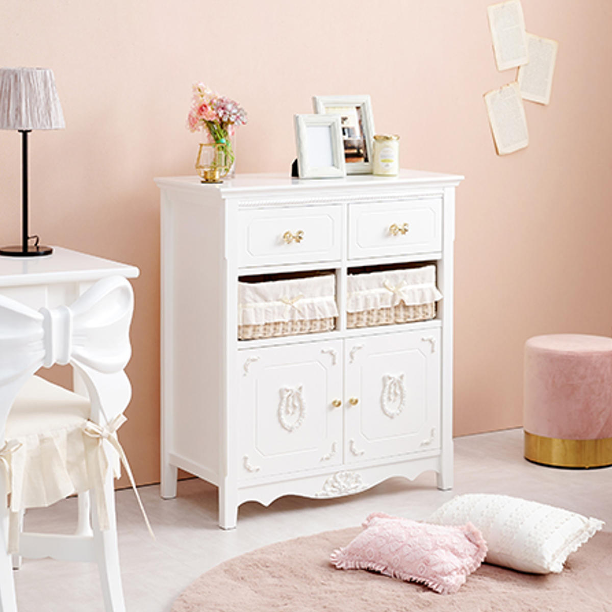 HAGiHARA（萩原） キャビネット バスケット付 姫系 白家具 リボン引手