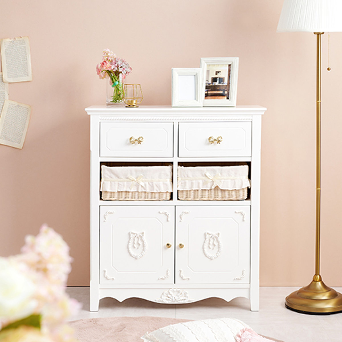 HAGiHARA（萩原） キャビネット バスケット付 姫系 白家具 リボン引手