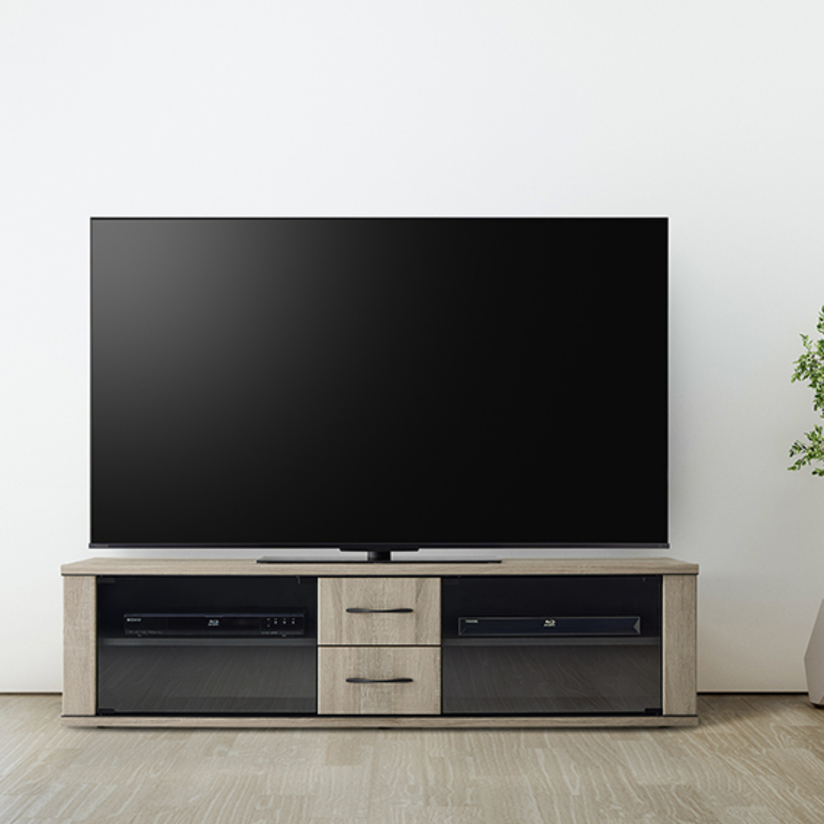朝日木材加工 テレビ台 幅150cm ローボード ブラックガラス扉 背面収納 