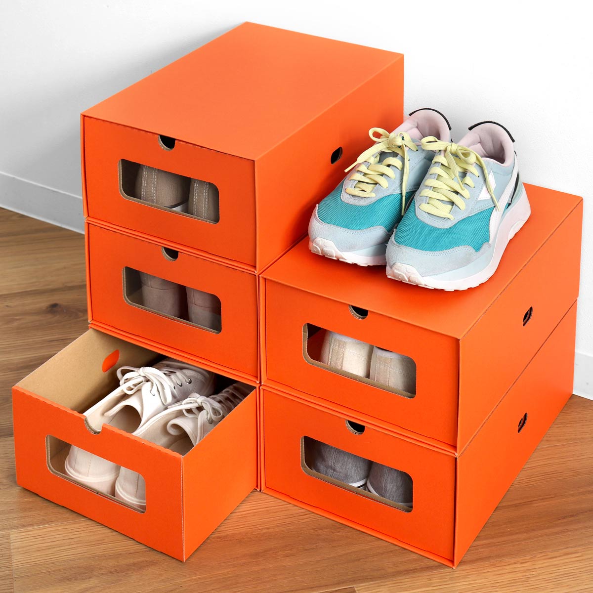 シューズボックス シューズケース M 5個セット ダンボール製 窓付き