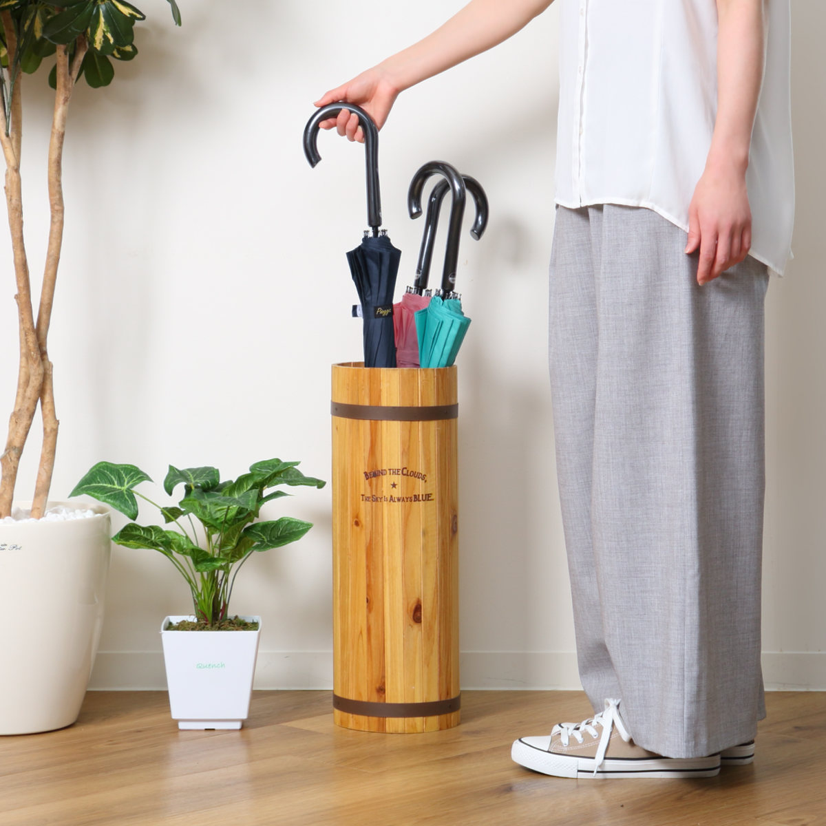 傘立て スリム 円柱 木製 受け皿付き （ アンブレラスタンド 傘立 樽風