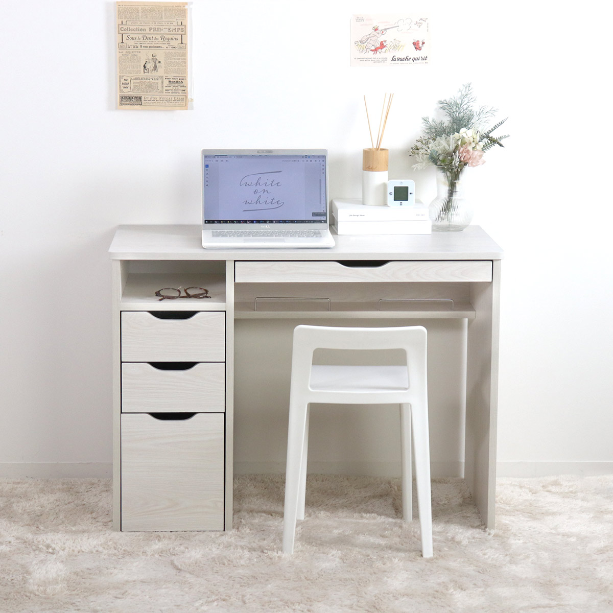 ワークデスク 引き出し付き 幅95.5cm 木製 コンパクト 韓国風