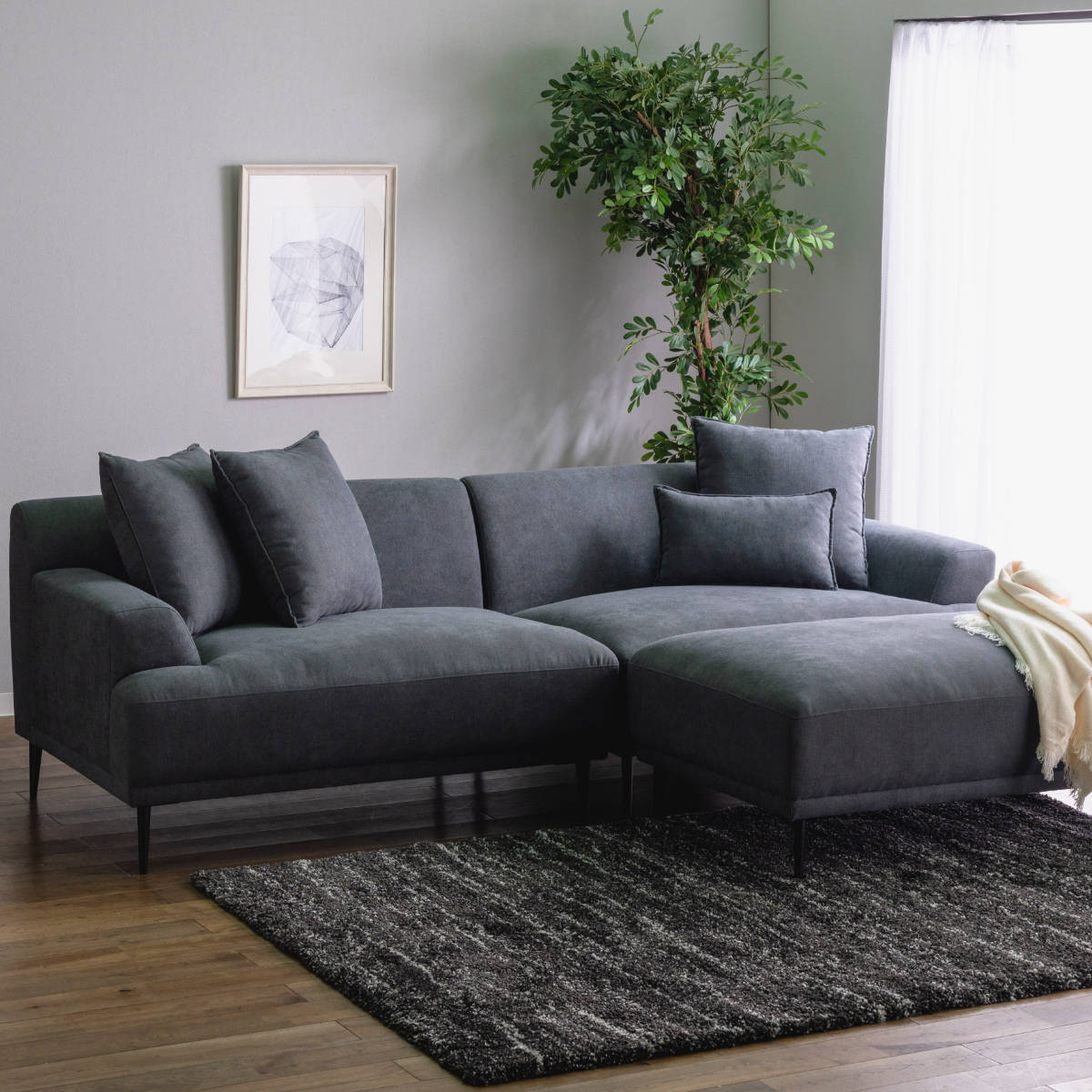 L字型 コーナーソファ グレー　ローソファ　カウチソファ　ソファベッド コーナーソファ コンパクト ロータイプ スツール クッション付き