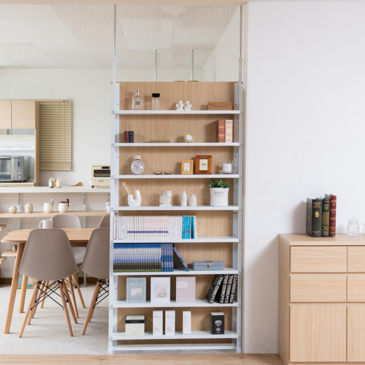 本棚 突っ張り 幅90cm 8段 パーテーション 間仕切り マリンナチュラル