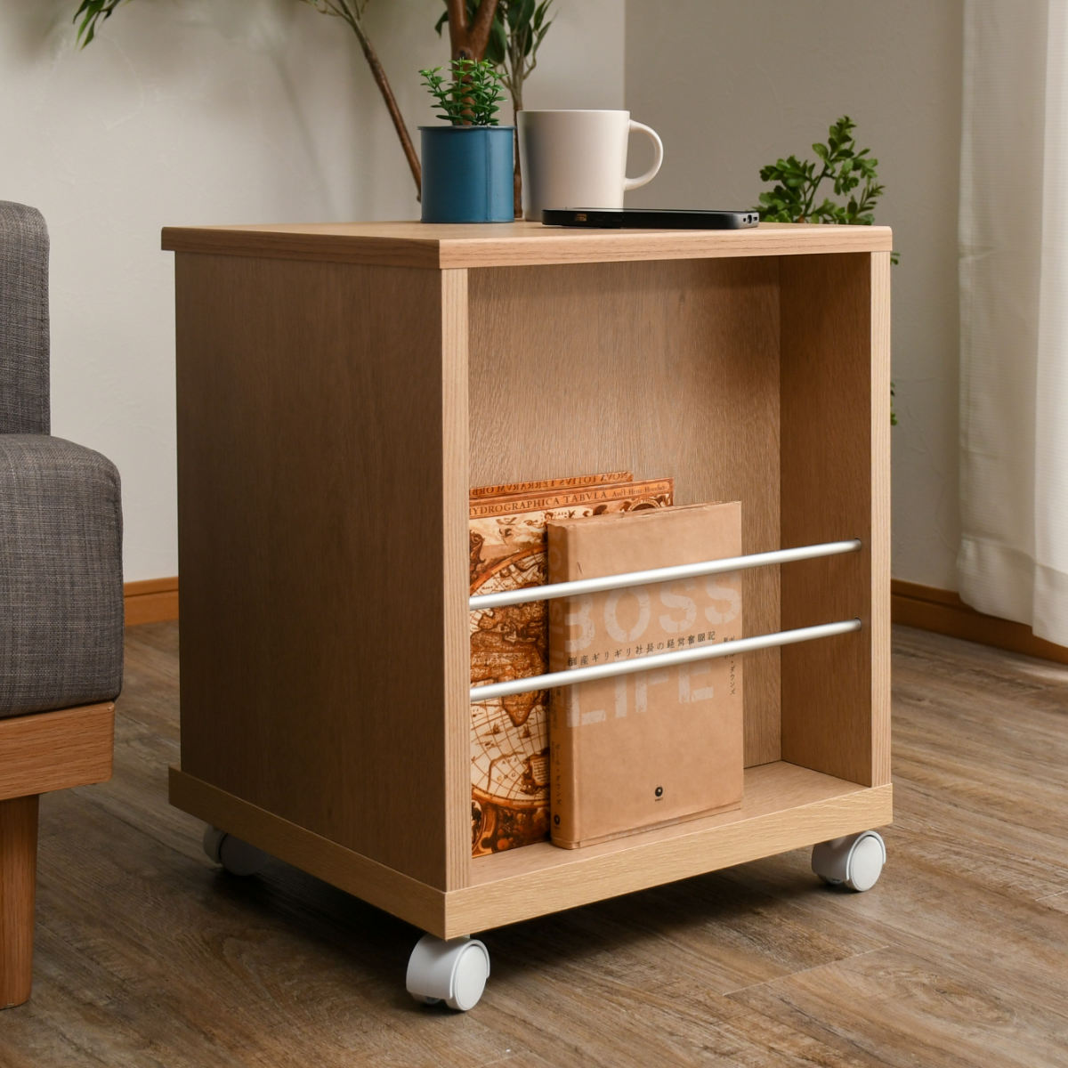 サイドテーブル キャスター 収納 木製 ワイヤレス充電機能付き