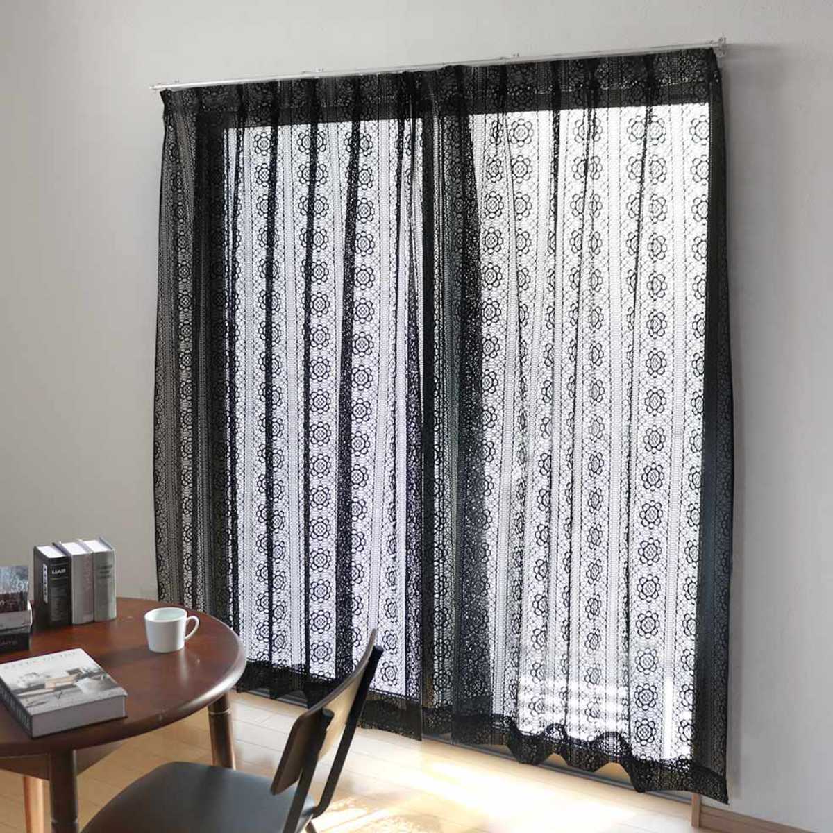 レースカーテン ブラックレース 100×88〜148cm 2枚組 （ カーテン