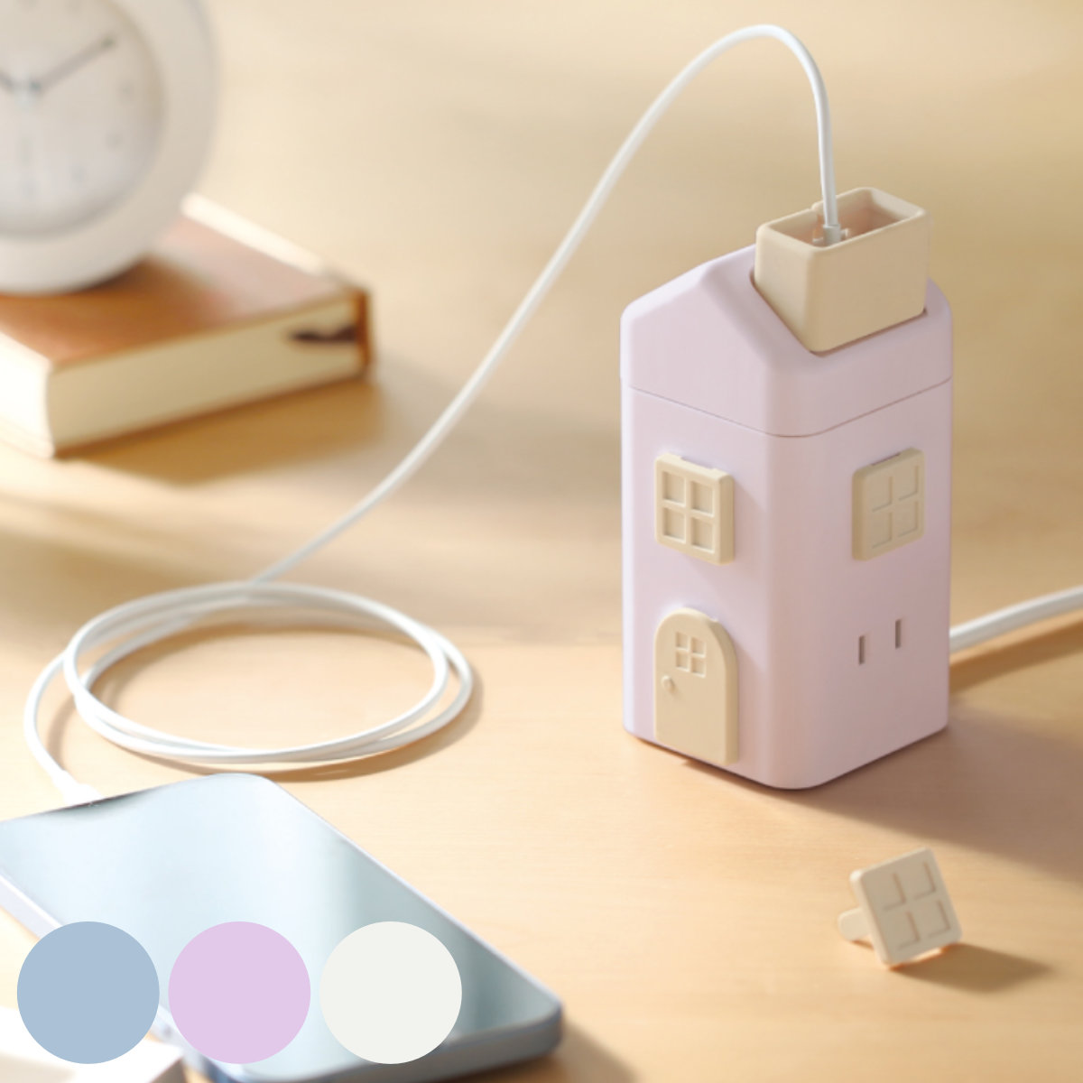 コンセント えんとつ屋根のコンセントハウス 2m AC ６個口 USBポート付き 同時充電 （ 電源タップ 延長コード ACアダプター USBアダプター PSEマーク認証済 ）