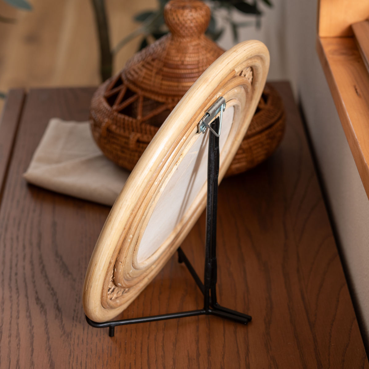 ヴィンテージ　アンティーク　ミラー　鏡　ラタン 壁掛け鏡 スタンドミラー 東谷 ウォールミラー ラタン スタンド付 27×24cm （ ミラー 壁掛け
