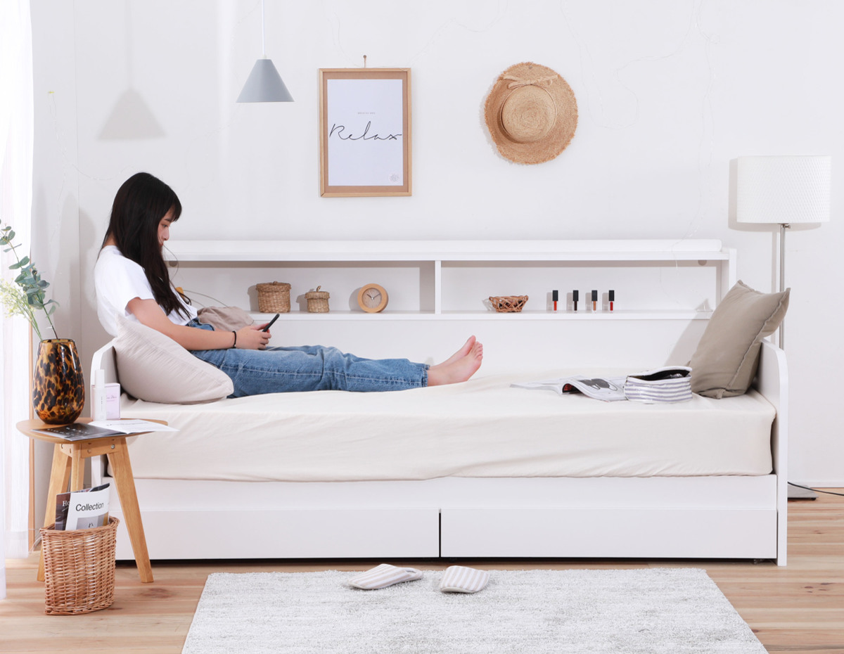 デイベッド シングル 棚付 引出し2杯 すのこ （ ソファベッド ベッド