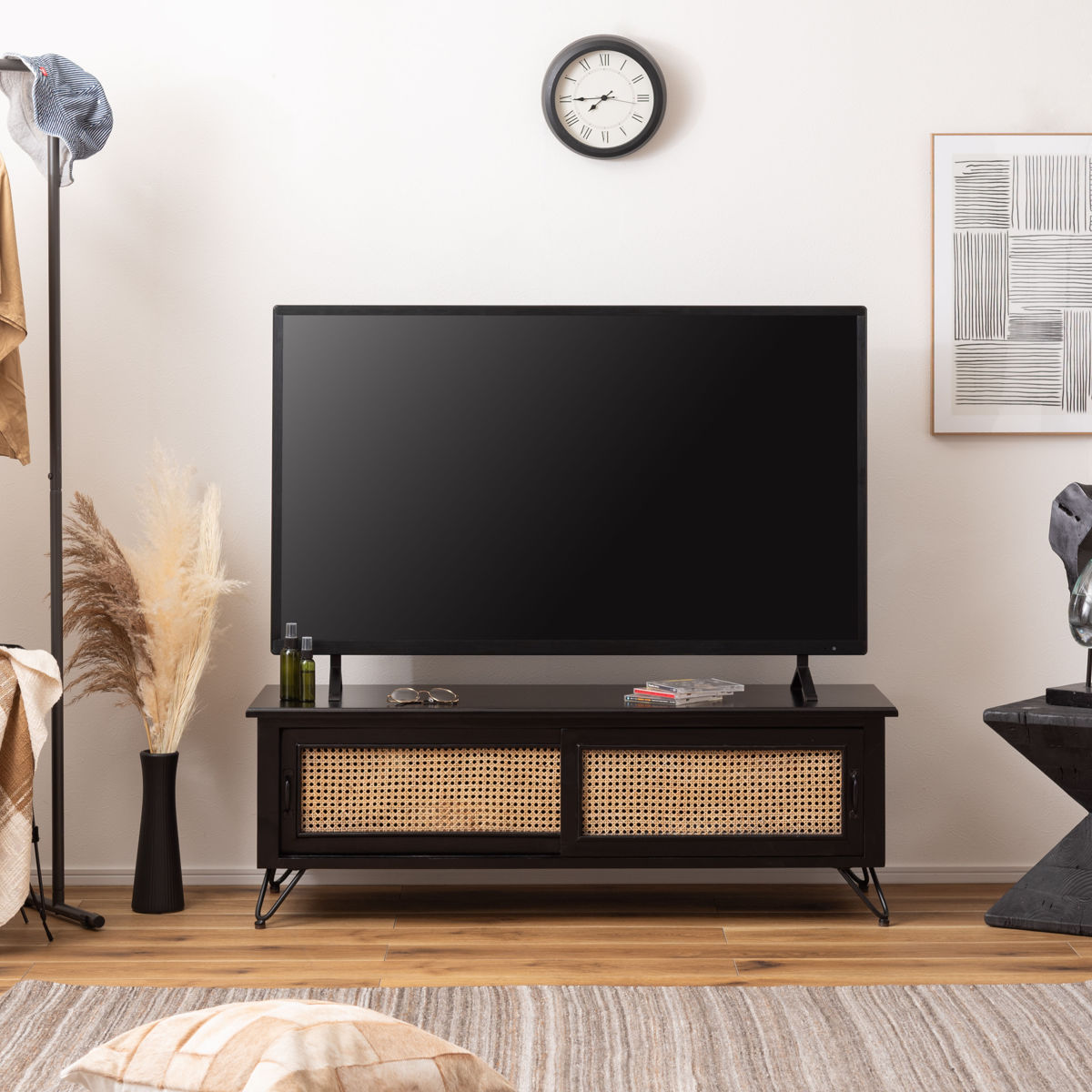 ラタンテレビボード　アンティーク　ヴィンテージ 東谷 TVボード エスニック調 ラタン張り 幅120cm （ TV台 収納 家具