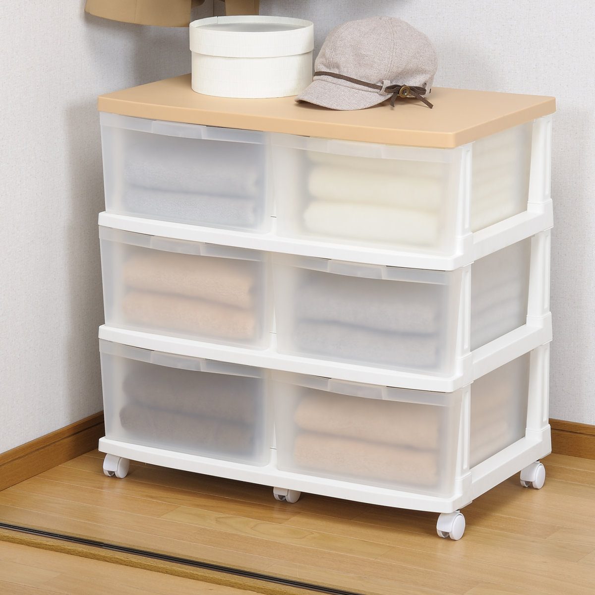 収納ケース エミング 深型ストッカー 木天板 ナチュラル天板 （ 幅69×奥行42×高さ67.5cm クローゼット 収納 3段 6杯 プラスチック 引き出し 日本製 大容量 ）