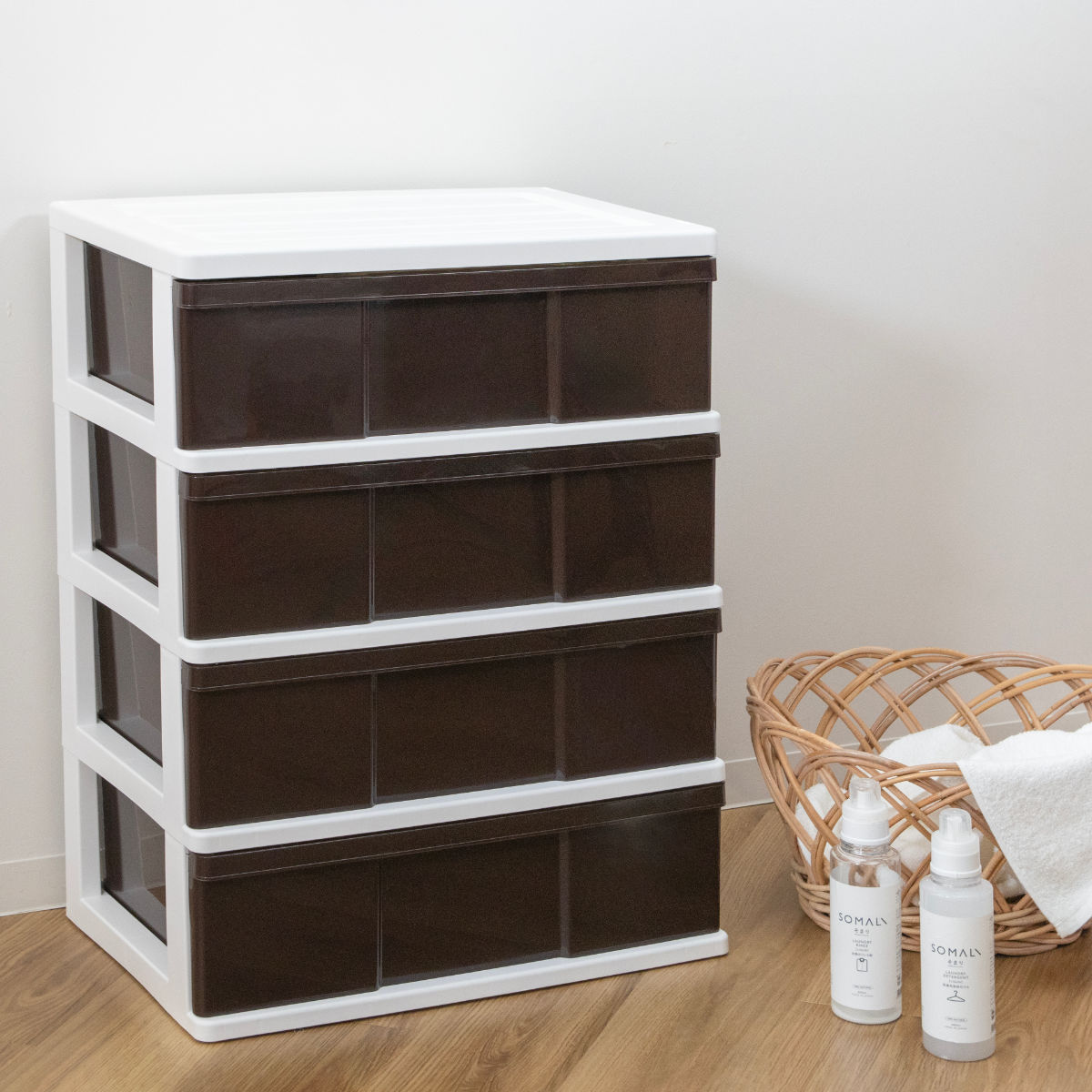収納ケース ワイド収納ケース 4段 引き出し ブラウン キャスター付き