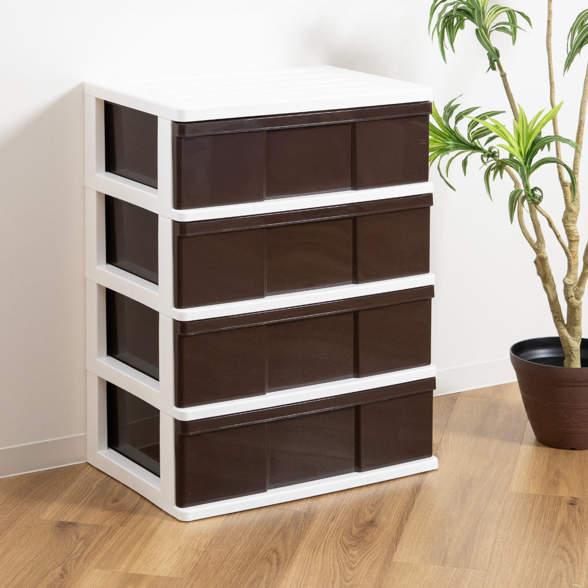 収納ケース ワイド収納ケース 4段 引き出し ブラウン キャスター付き