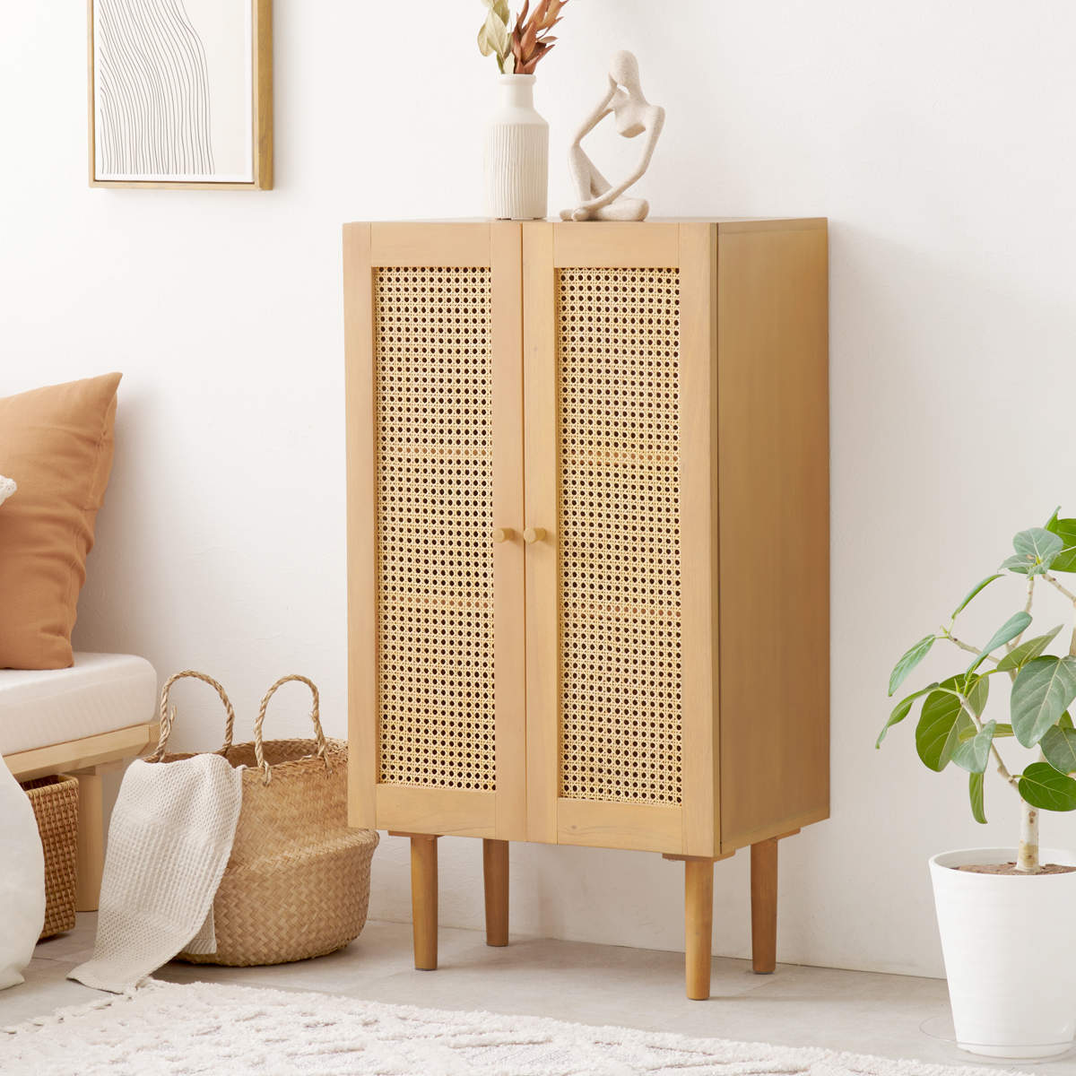 HAGiHARA（萩原） ラタン キャビネット 幅54cm 天然木 かごめ編み