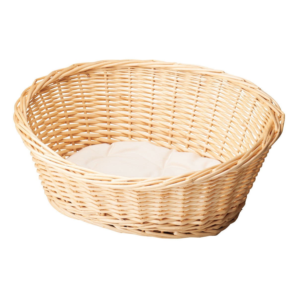 天然素材 ラウンドバスケット ハンドル付き　ペット用ベット　工芸品 ちどり産業 ペットベッド ウイローペットバスケット クッション付き