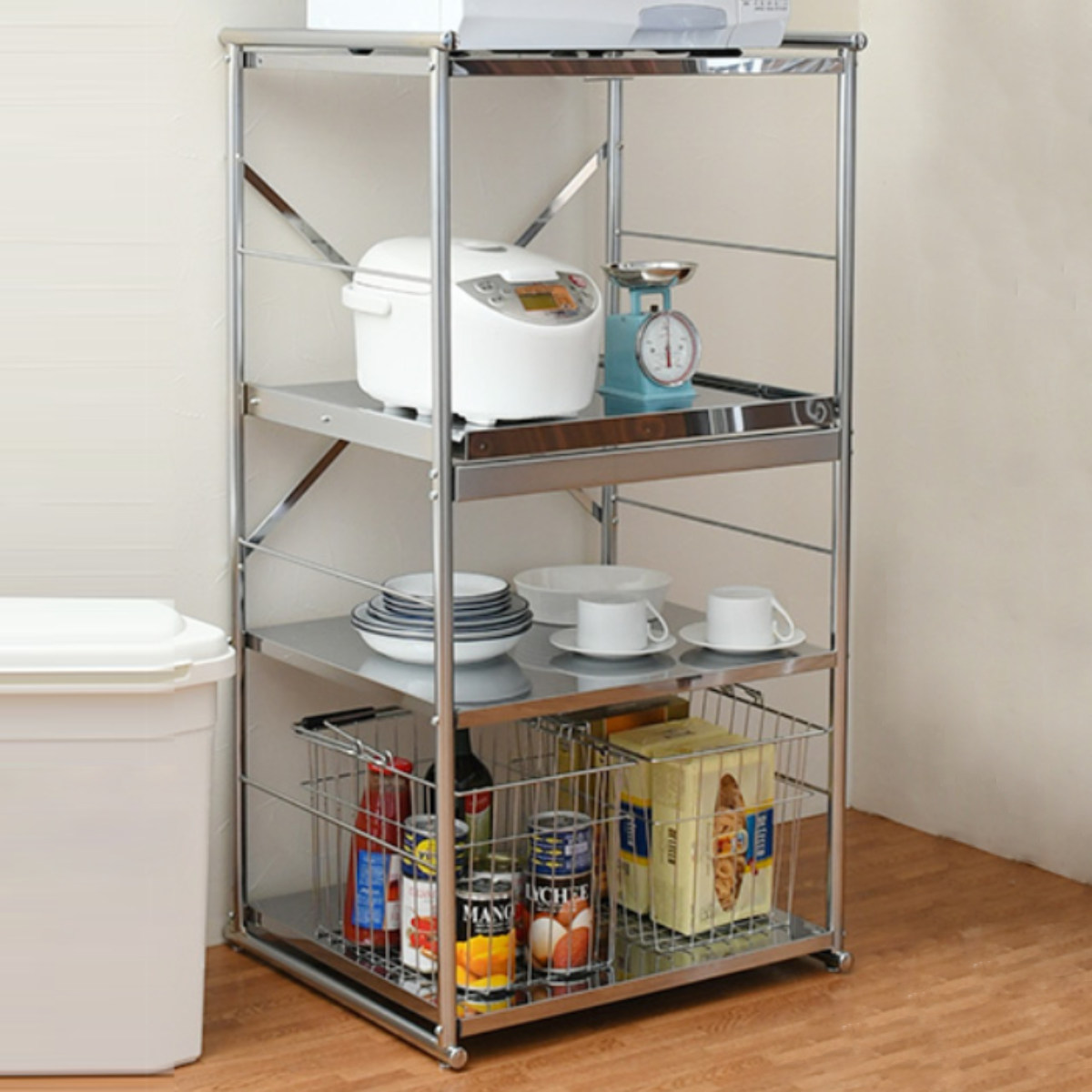 レンジ台 ステンレスレンジラック ミドル オープン （ 2口コンセント