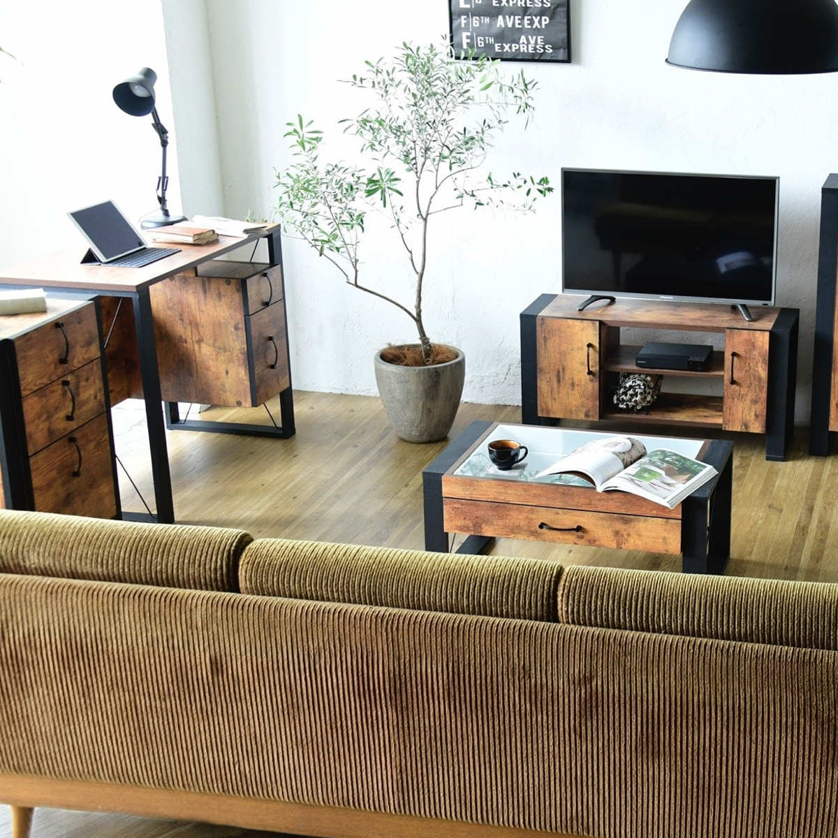 デスク 幅90cm 引出し付 レトロ調 ブルックリンスタイル （ 机 PC