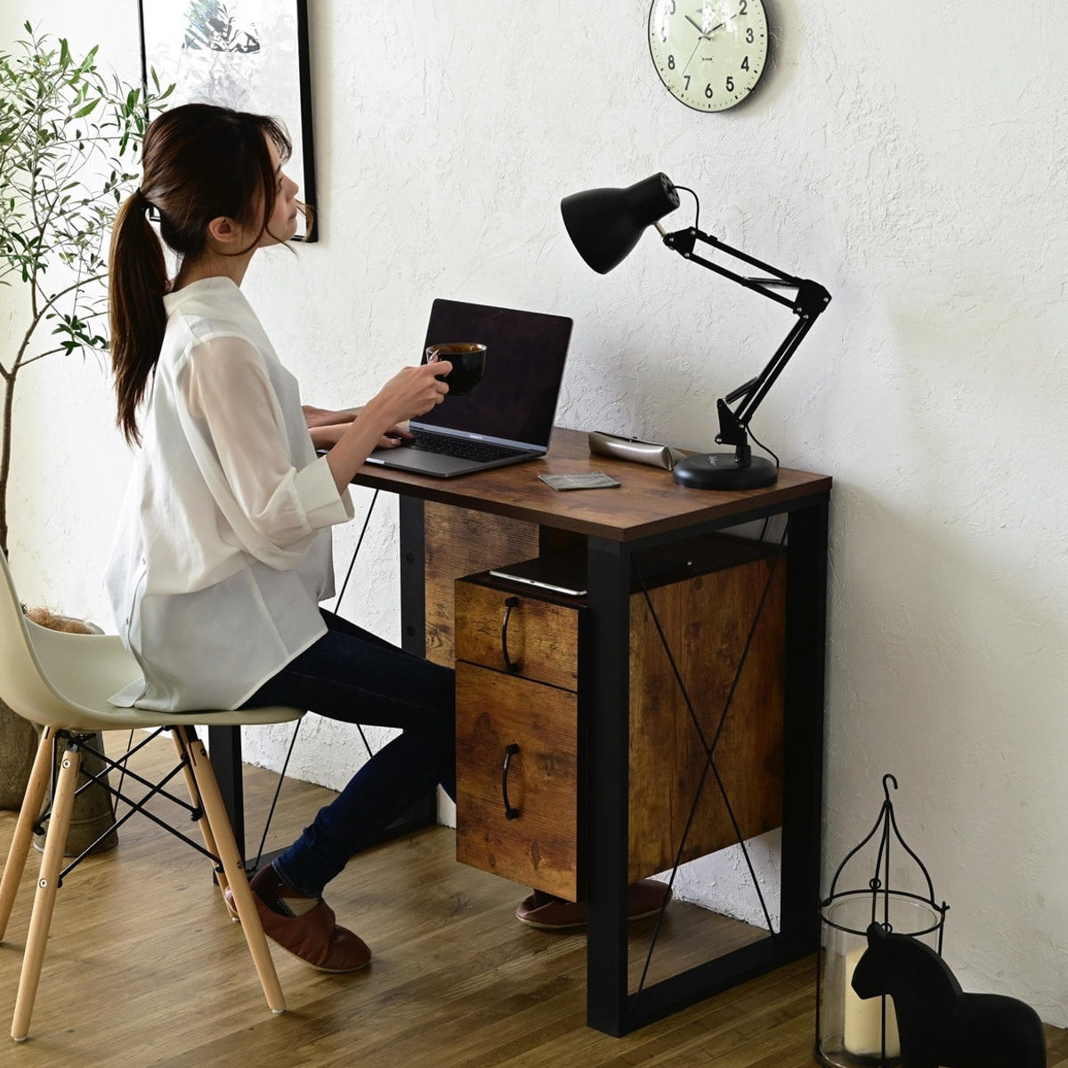 デスク 幅90cm 引出し付 レトロ調 ブルックリンスタイル （ 机 PC