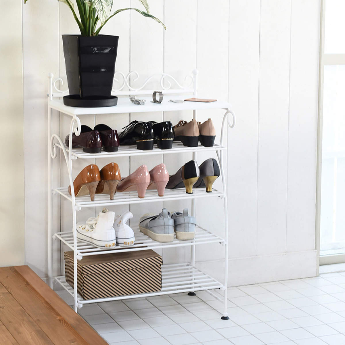 ロートアイアンシューズラック ホワイト [4012] シューズラック 幅61.5cm 4段 ロートアイアン 姫系 （ 靴箱 洋風 靴