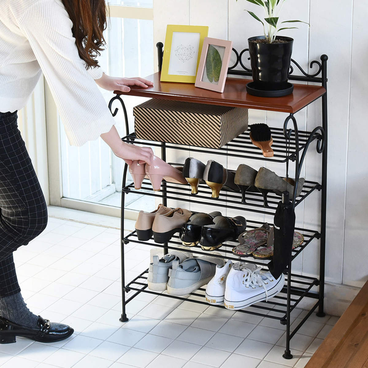シューズラック 幅61.5cm 4段 ロートアイアン 姫系 （ 靴箱 洋風 靴