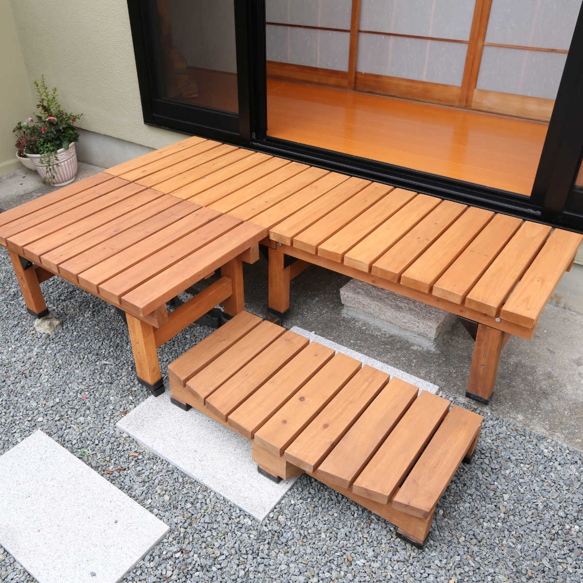 デッキ縁台 180×58 3点セット ウッドデッキ （ ガーデンデッキ 天然木 天然木デッキ DIY 2台 縁台 ぬれ縁 踏み台 ）の画像