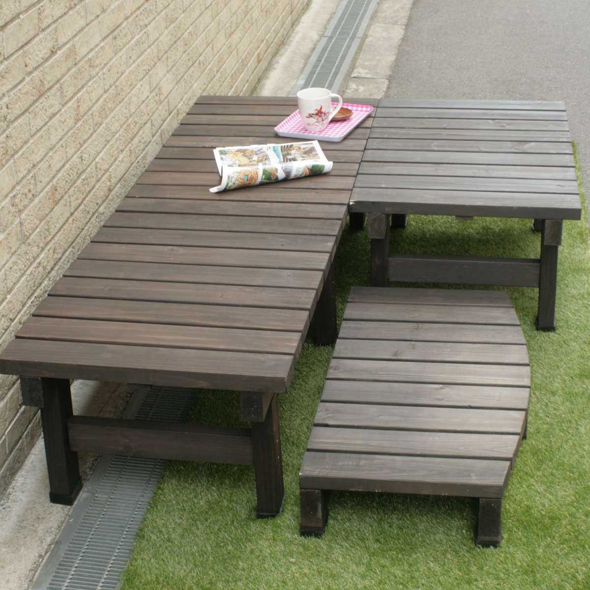 デッキ縁台 180×58 3点セット ウッドデッキ （ ガーデンデッキ 天然木 天然木デッキ DIY 2台 縁台 ぬれ縁 踏み台 ）の画像