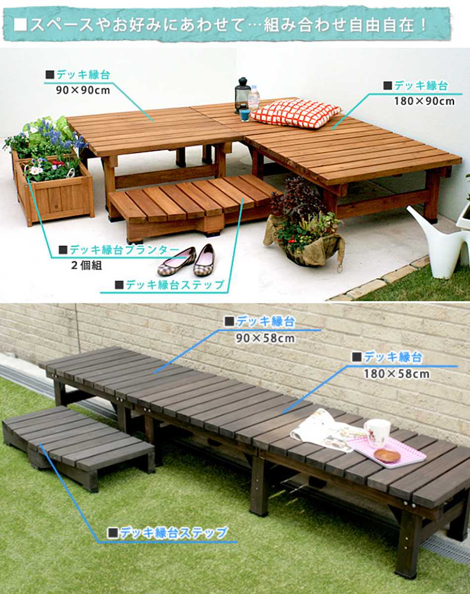 デッキ縁台 180×58 3点セット ウッドデッキ （ ガーデンデッキ 天然木 天然木デッキ DIY 2台 縁台 ぬれ縁 踏み台 ）の画像