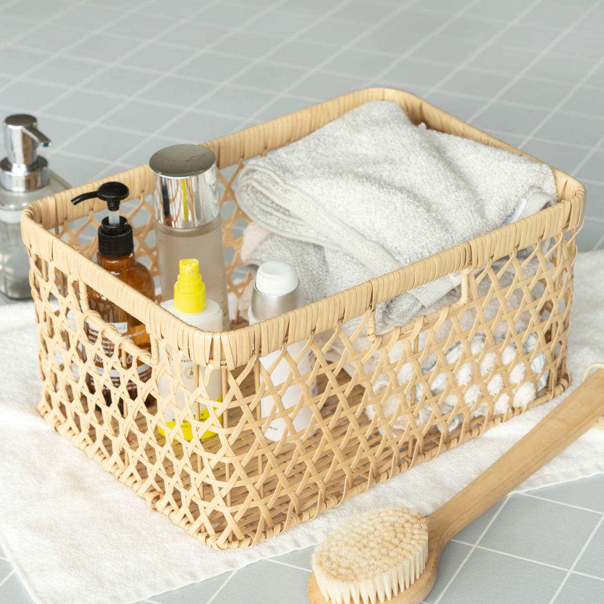 かご バンブス フェイク PE 竹 収納 バスケット 角型 深型 洗える