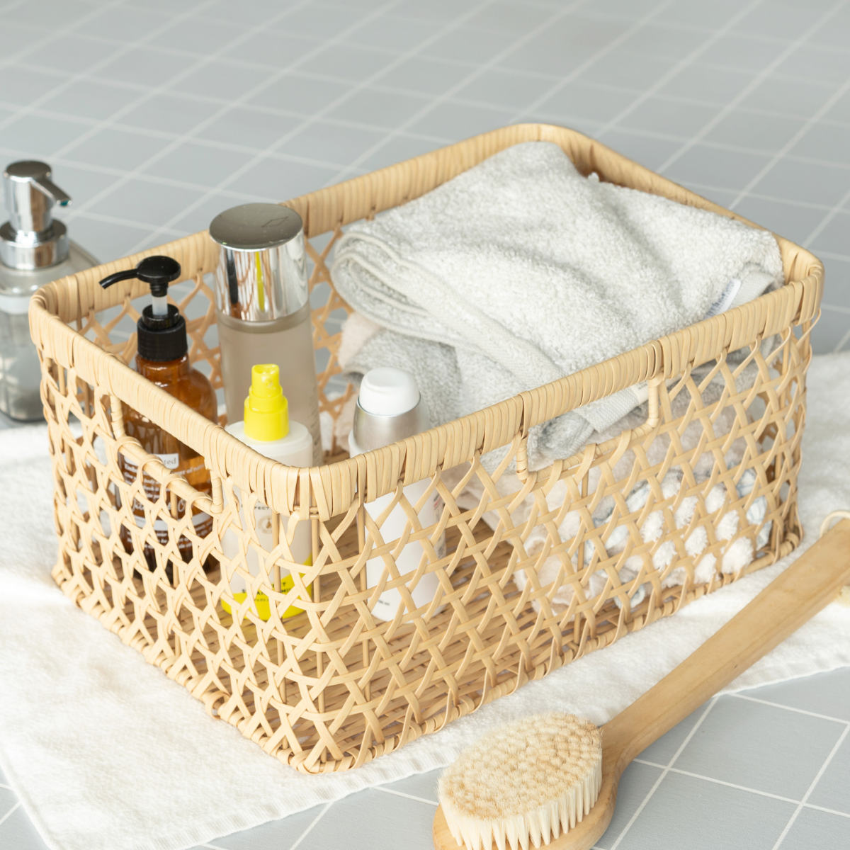 かご バンブス フェイク PE 竹 収納 バスケット 角型 深型 洗える