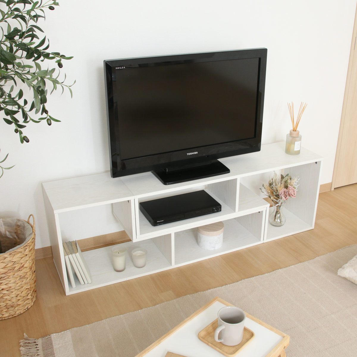 新品 伸縮TVラック 不二貿易（Fuji Boeki） テレビ台 伸縮型 L字型 幅105cm-207cm 木製