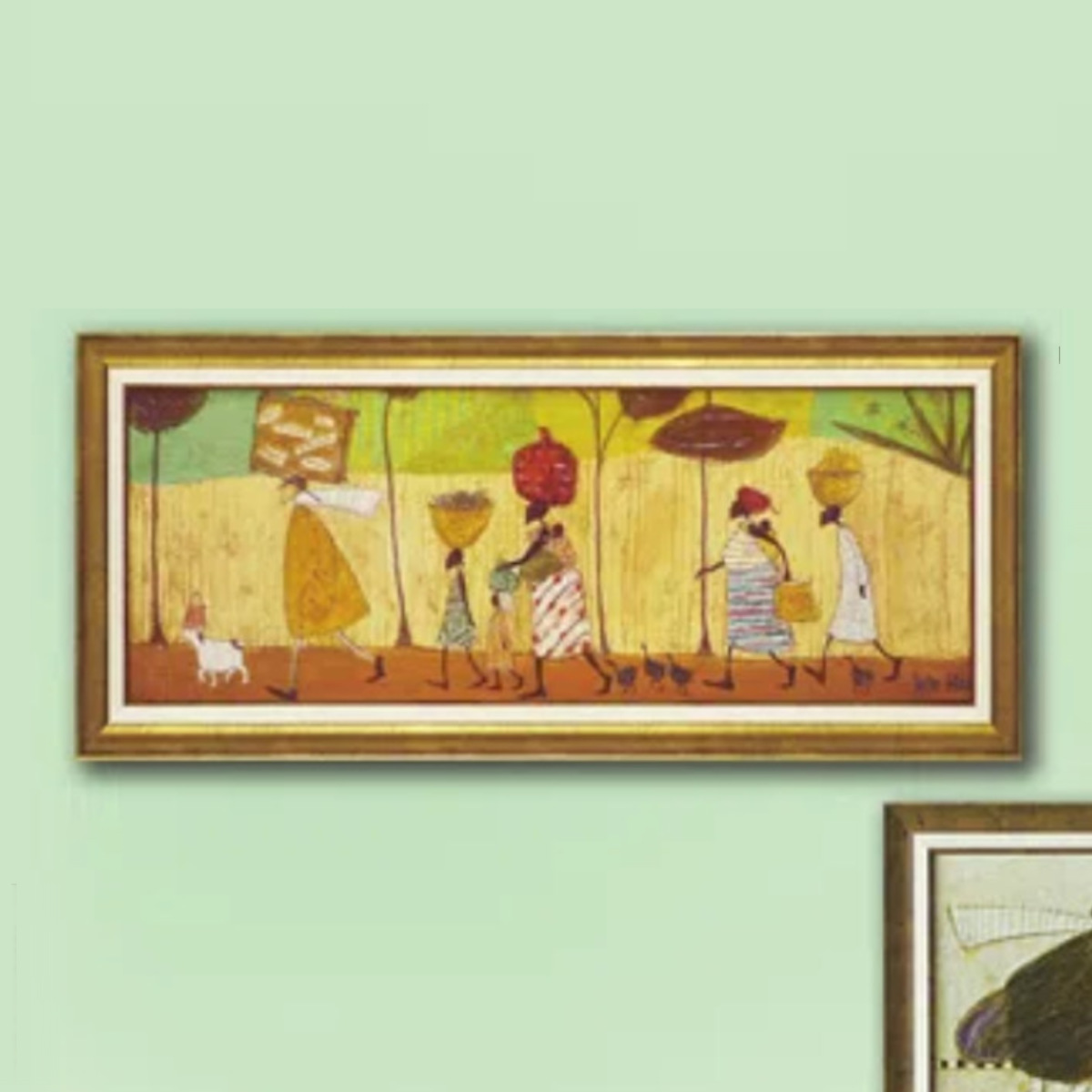 アートパネル サムトフト 『みんなでピクニック』 96.5×43cm （ 絵画 絵 アート インテリア 額 額入り 壁掛け 犬 動物 お散歩 ）