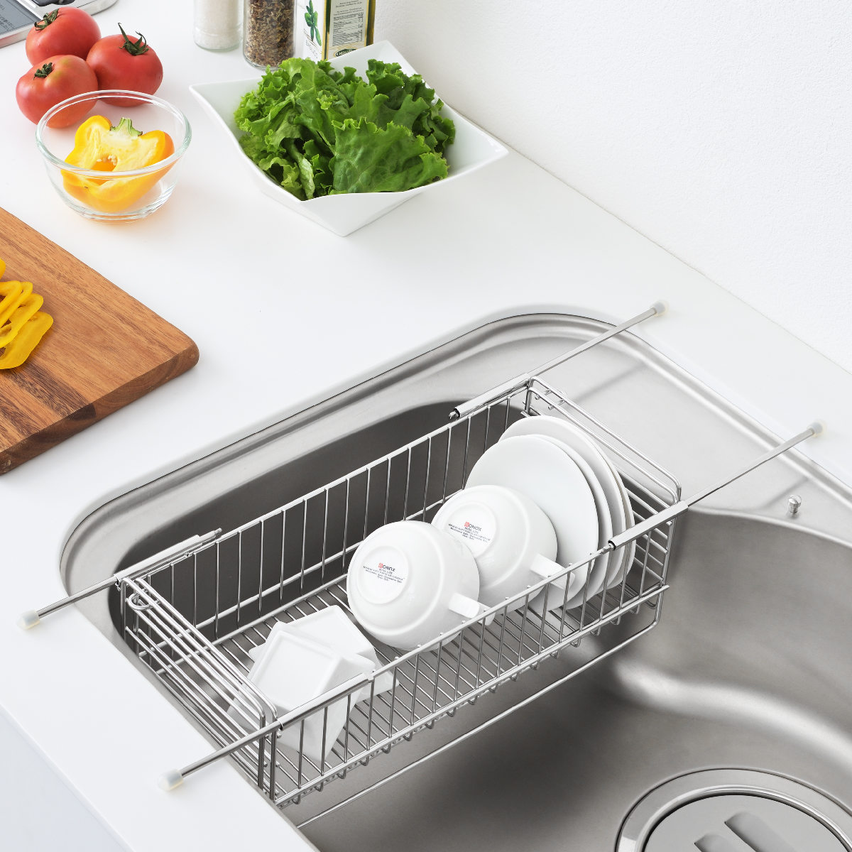 ヨシカワ 水切りラック シンク中で使える伸縮水切りカゴ （ シンク上