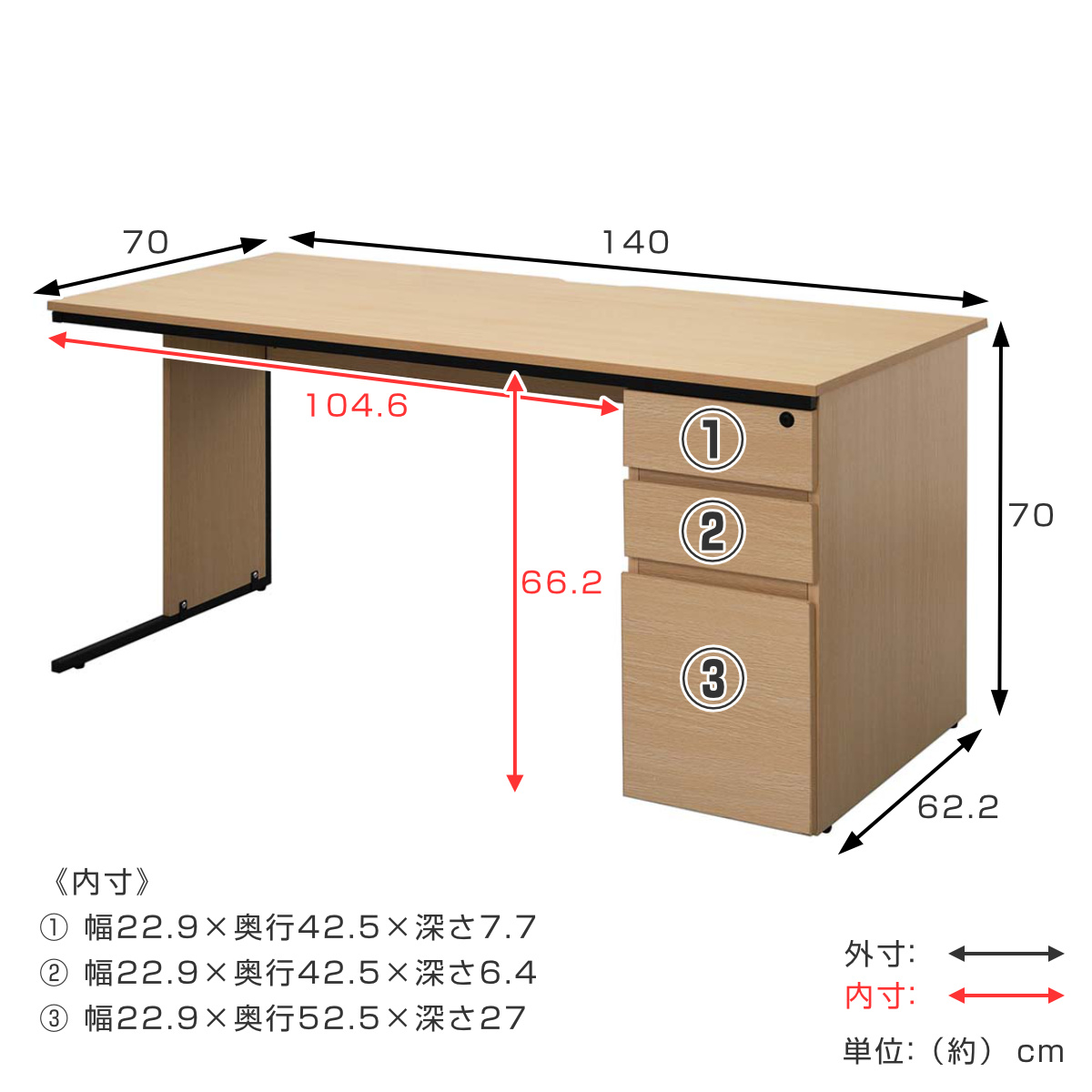 ワークデスク 幅140×奥行70cm 片袖机 メラミン 鍵付き オフィス シンプル （ 法人限定 3段 引き出し付き デスク 事務机 机 パソコンデスク オフィスデスク ）_5
