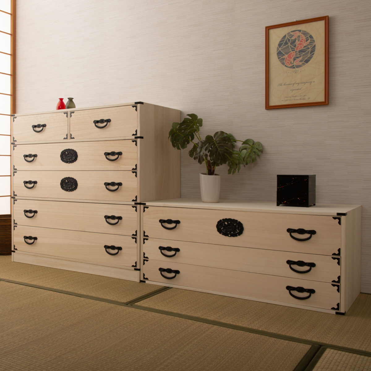 桐 民芸箪笥 幅100cm 5段 生地仕上げ 積み重ね 室町 （ たんす 収納