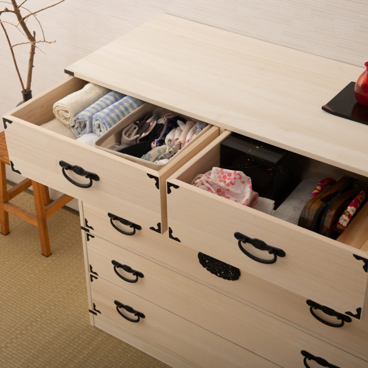 桐 民芸箪笥 幅100cm 5段 生地仕上げ 積み重ね 室町 （ たんす 収納