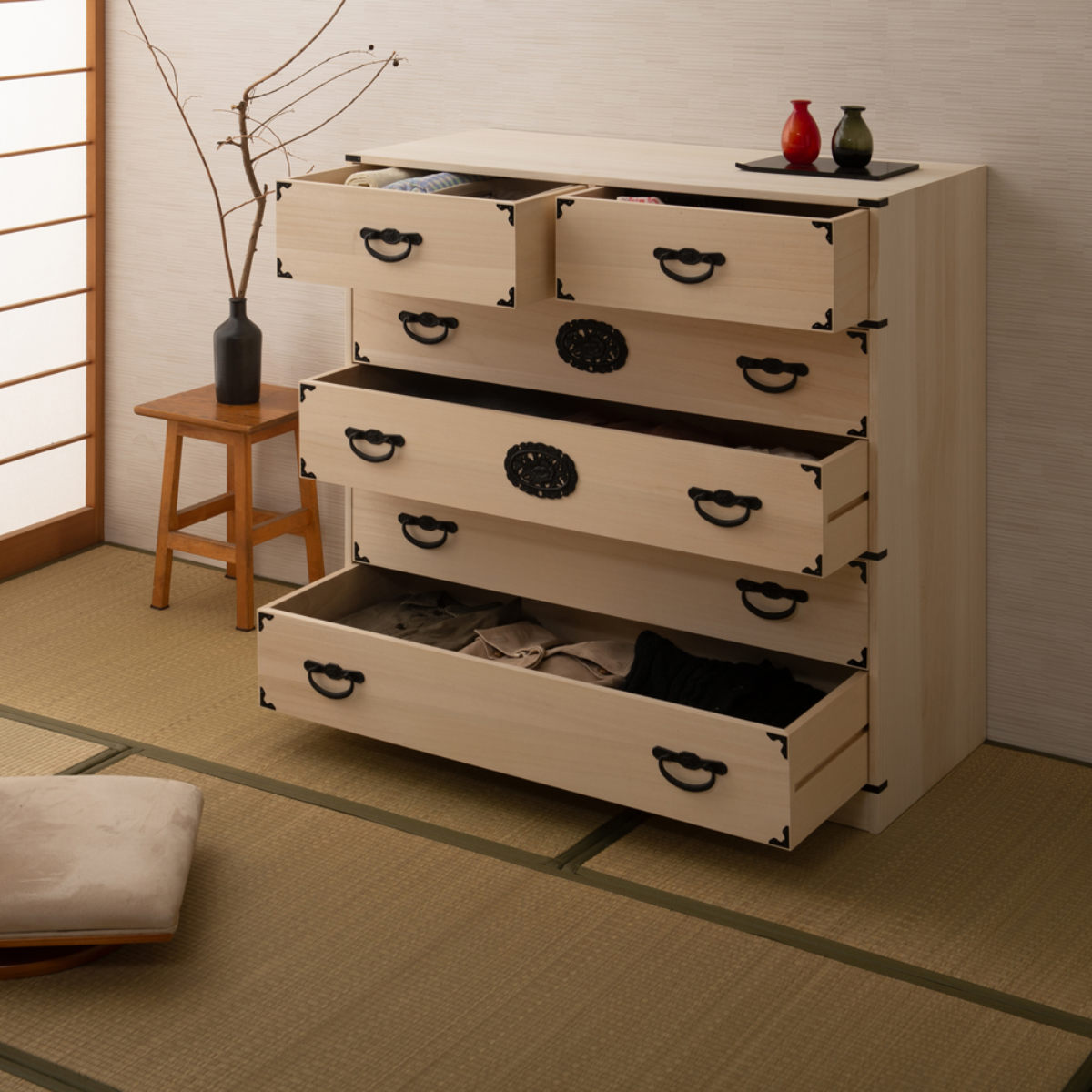 桐 民芸箪笥 幅100cm 5段 生地仕上げ 積み重ね 室町 （ たんす 収納