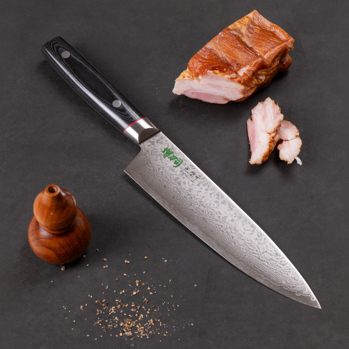 240mm黒打ちダマスカス　(切付型)牛刀シェフナイフ 牛刀【新品】～ 牛刀 20cm 九間丁 ダマスカス鋼割込 黒マイカルタ 堺刀司 日本製