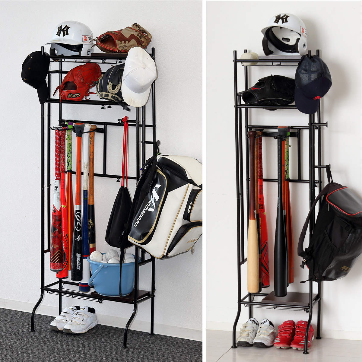 スポーツ用品 収納 伸縮可能 ラック 幅40-60cm （ 棚 伸縮 玄関収納 ヘルメット収納 部活道具 ）
