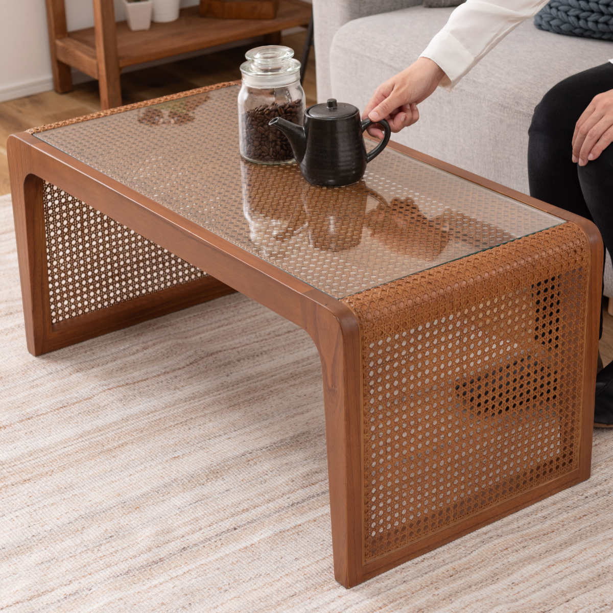 東谷 センターテーブル 幅90cm ガラステーブル ラタン （ 机 リビング