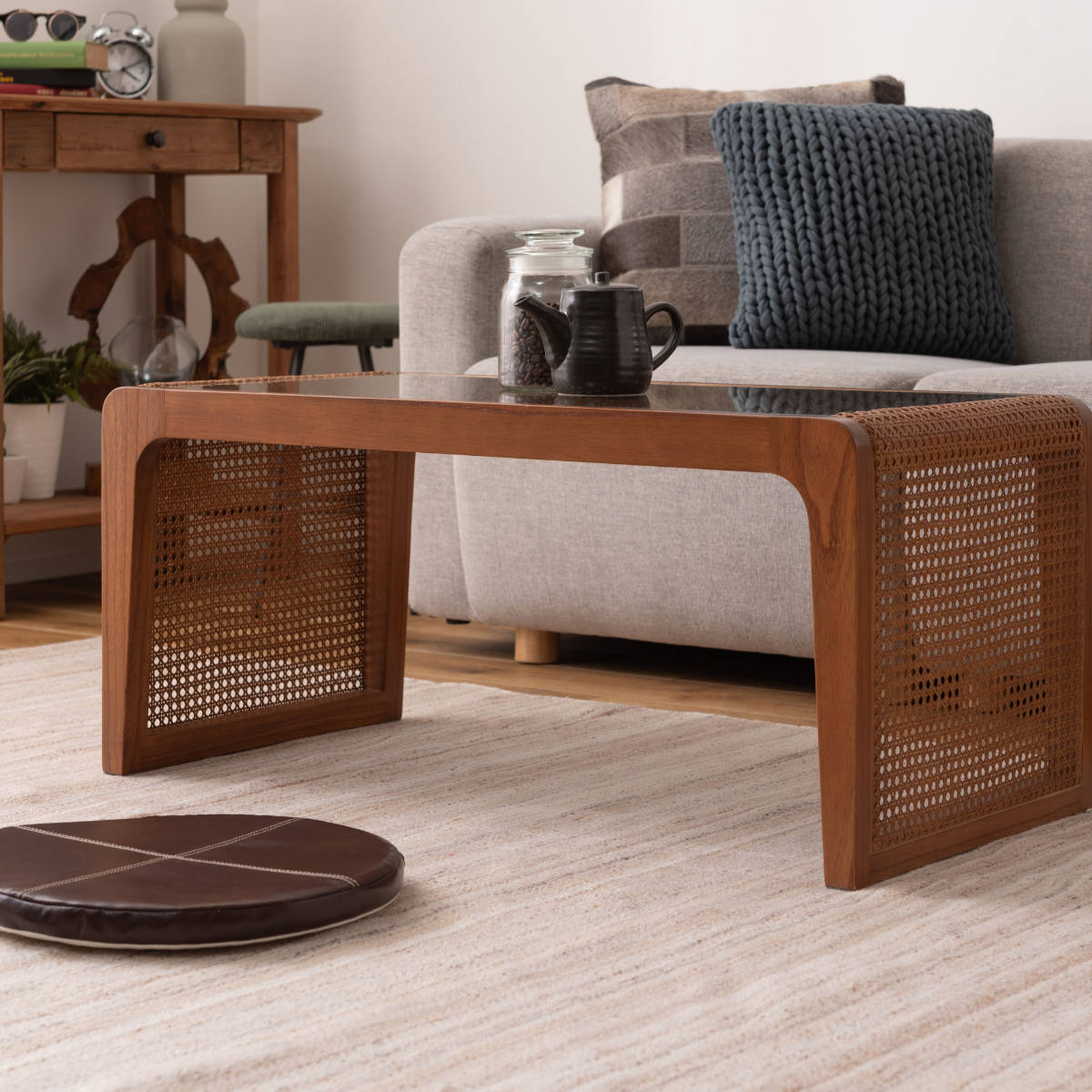 東谷 センターテーブル 幅90cm ガラステーブル ラタン （ 机 リビング