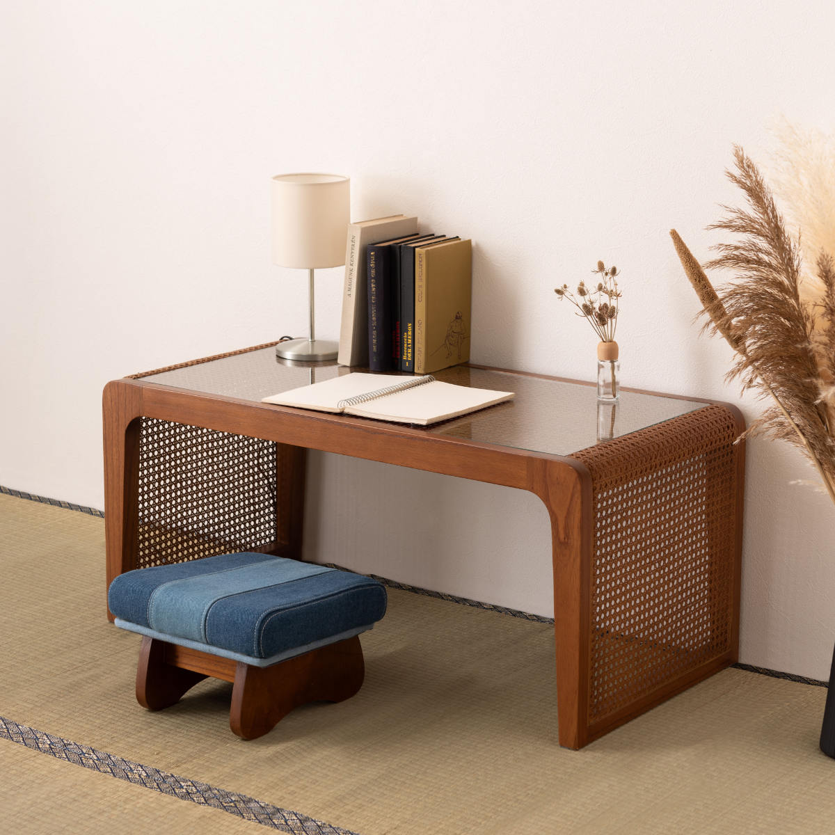 東谷 センターテーブル 幅90cm ガラステーブル ラタン （ 机 リビング