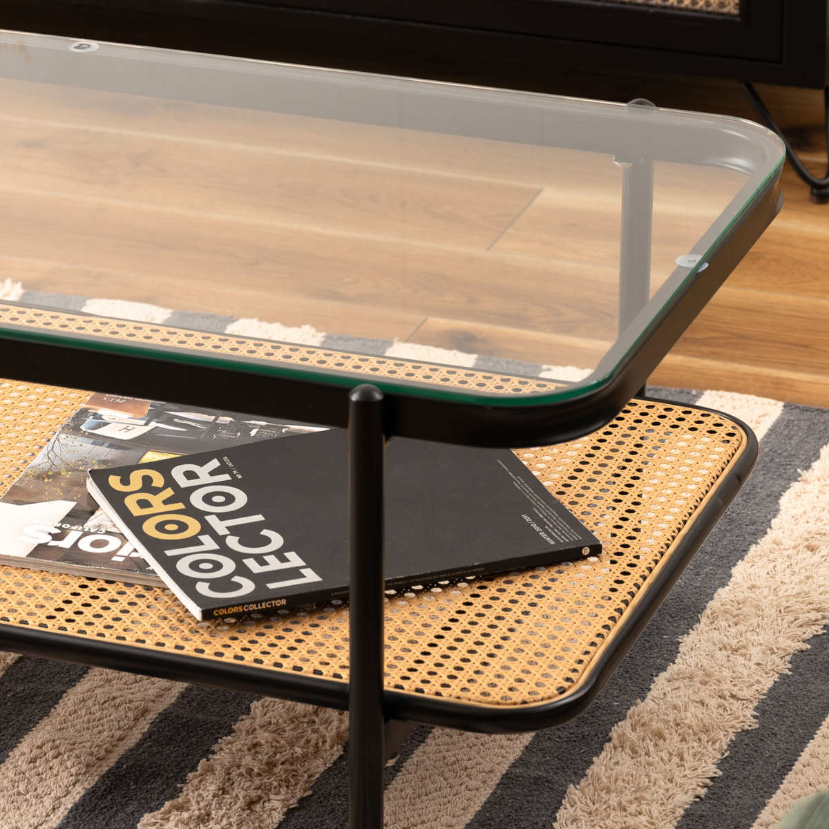 東谷 リビングテーブル 幅110cm ガラス天板 ラタン調ラック （ ロー