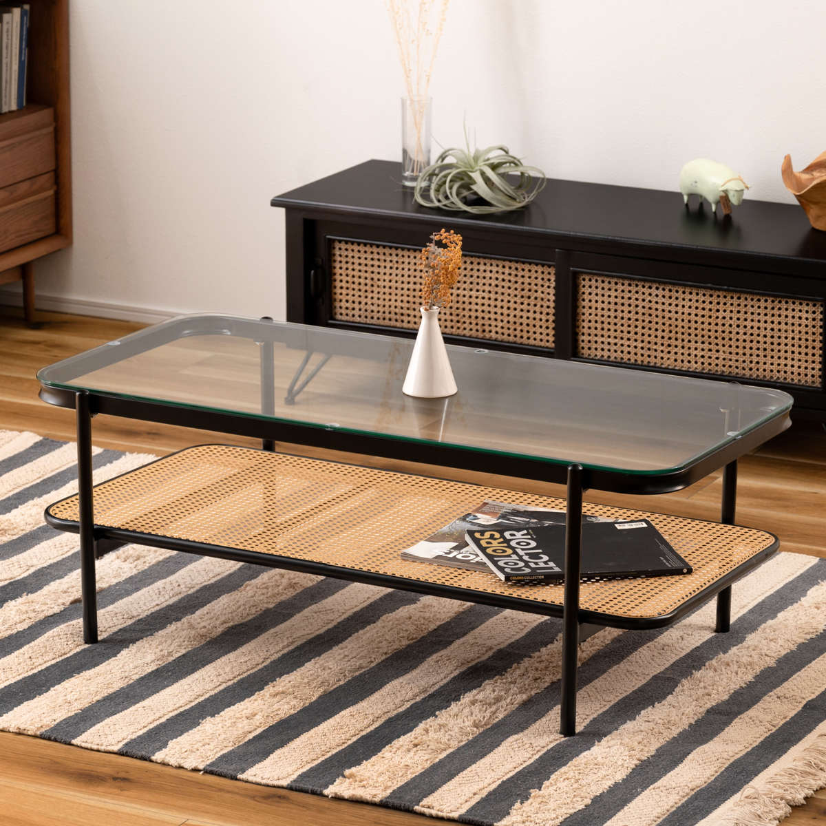 東谷 リビングテーブル 幅110cm ガラス天板 ラタン調ラック （ ロー