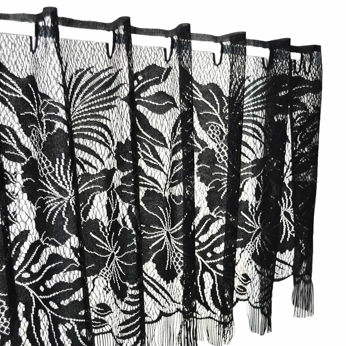 レースカーテン カフェカーテン ボタニカル柄 145×45cm フリンジ付き