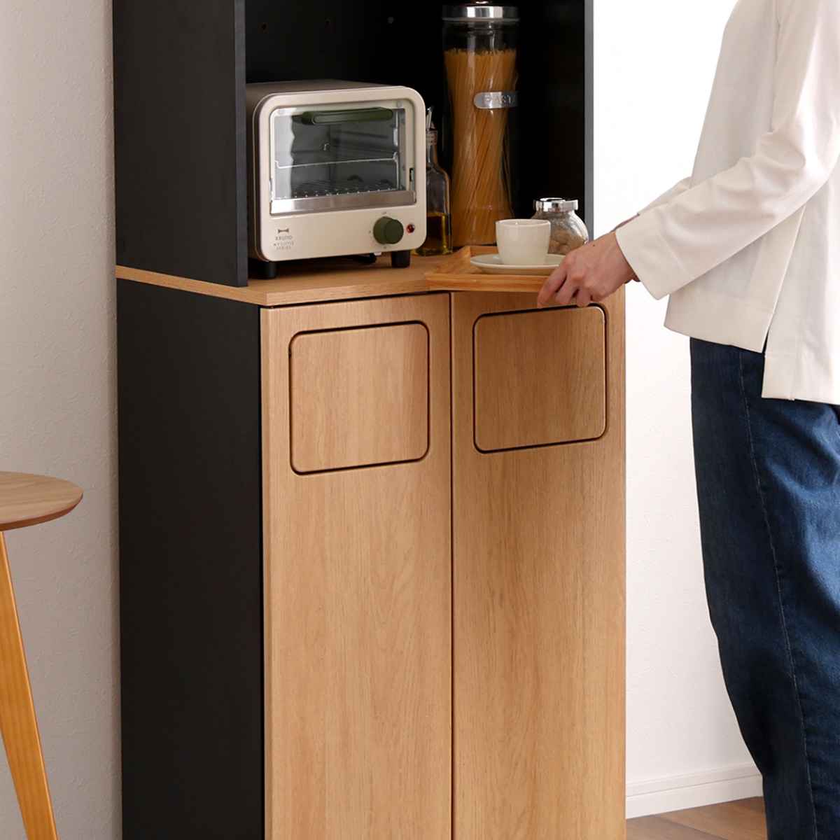 ゴミ箱一体型食器棚 幅53.4cm ゴミ箱2つタイプ 45L対応 ヴィンテージ （ ごみ箱 食器棚 スペース 付き 収納付き おしゃれ 大容量 ）_12