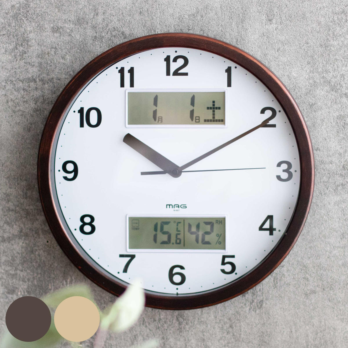 掛け時計 MAG ダブルポイント 連続秒針 カレンダー付き 温湿度計付き