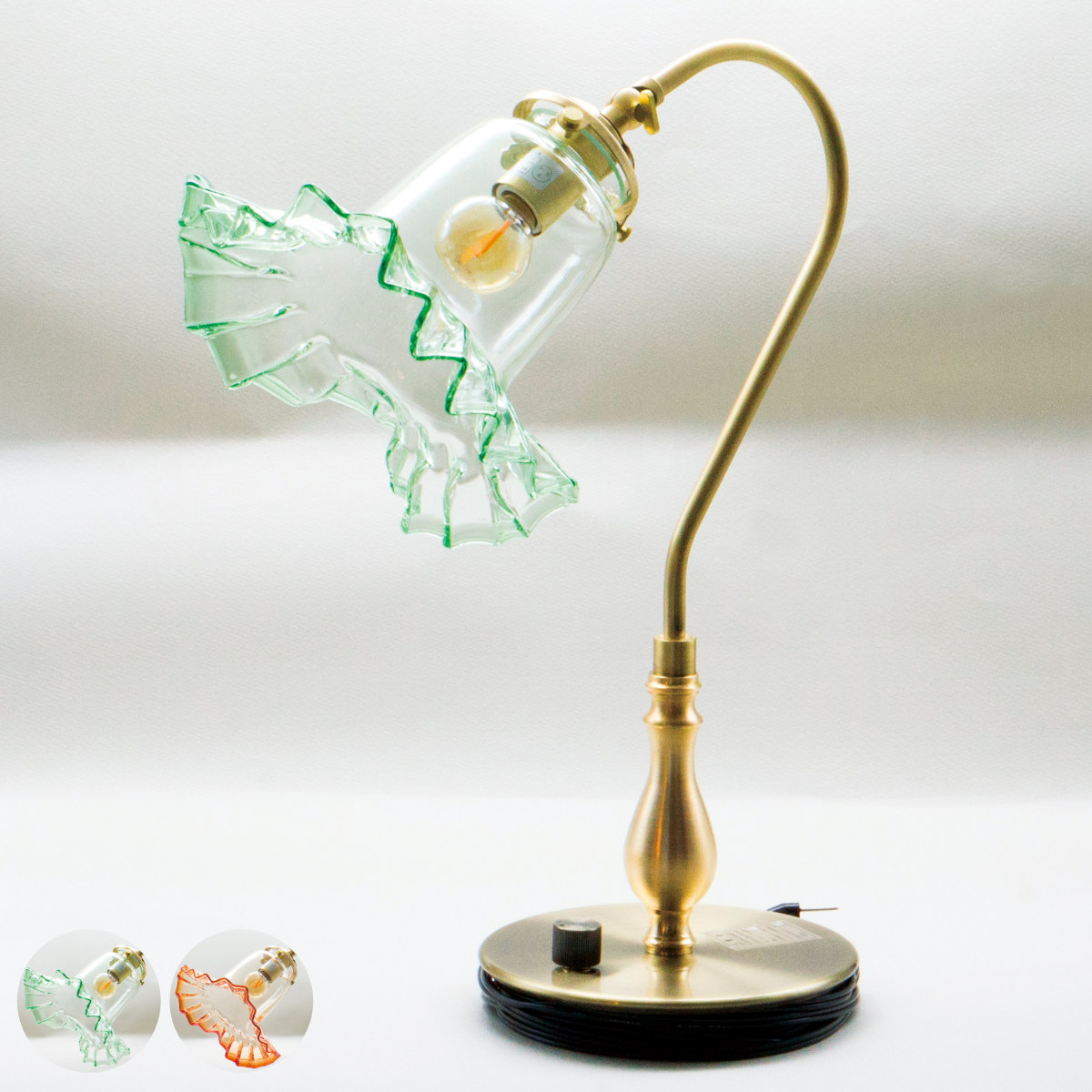 廣田硝子 テーブルライト ガラス製 電笠 フリル緑 卓上ライト 日本製 （ LED テーブルランプ アンティーク レトロ 照明 おしゃれ 真鍮 ）