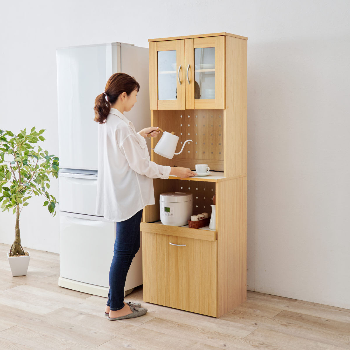 【新品未使用】食器棚　カップボード キッチン収納　ワゴン　ラック　引き出し HAGiHARA（萩原） キッチンボード 幅59cm キッチン収納 ワゴンタイプ