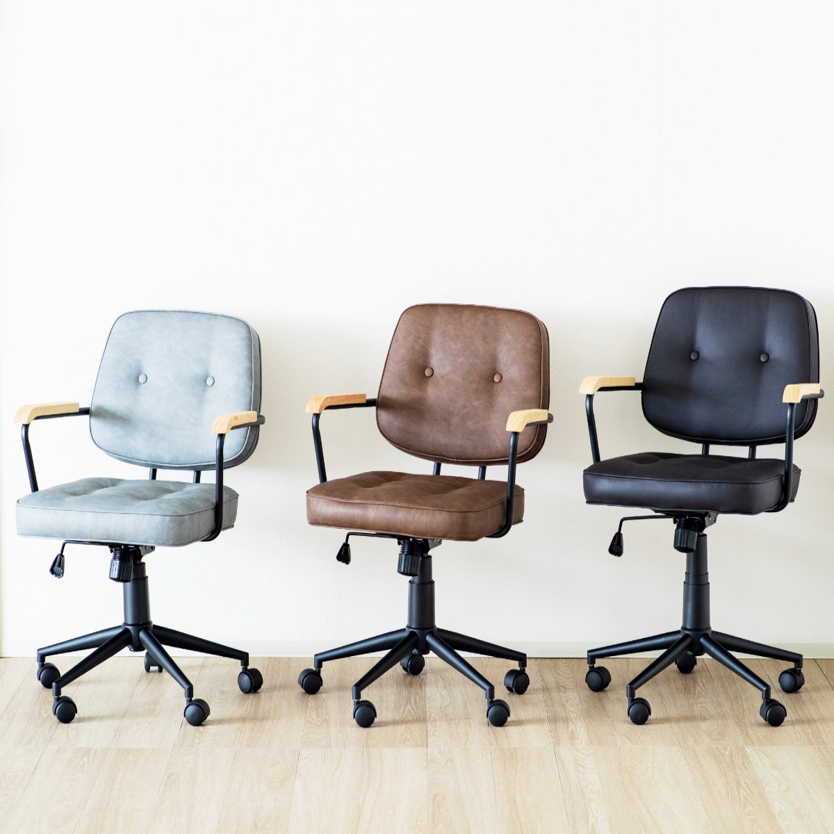 オフィスチェア 肘付 昇降式 座面高43〜51cm エイム （ ワークチェア パソコンチェア ロッキング機能 肘掛け 高さ調節 レザー調 キャスター付き ）