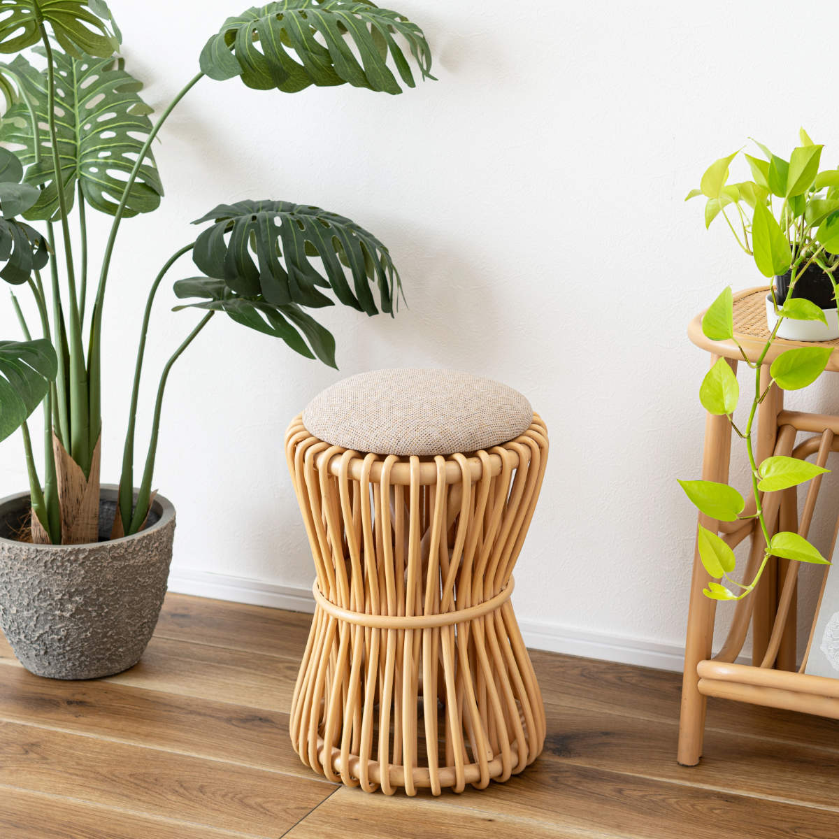 東谷 籐 ラウンドスツール 座面高40cm 鼓型 天然木 （ スツール 籐家具